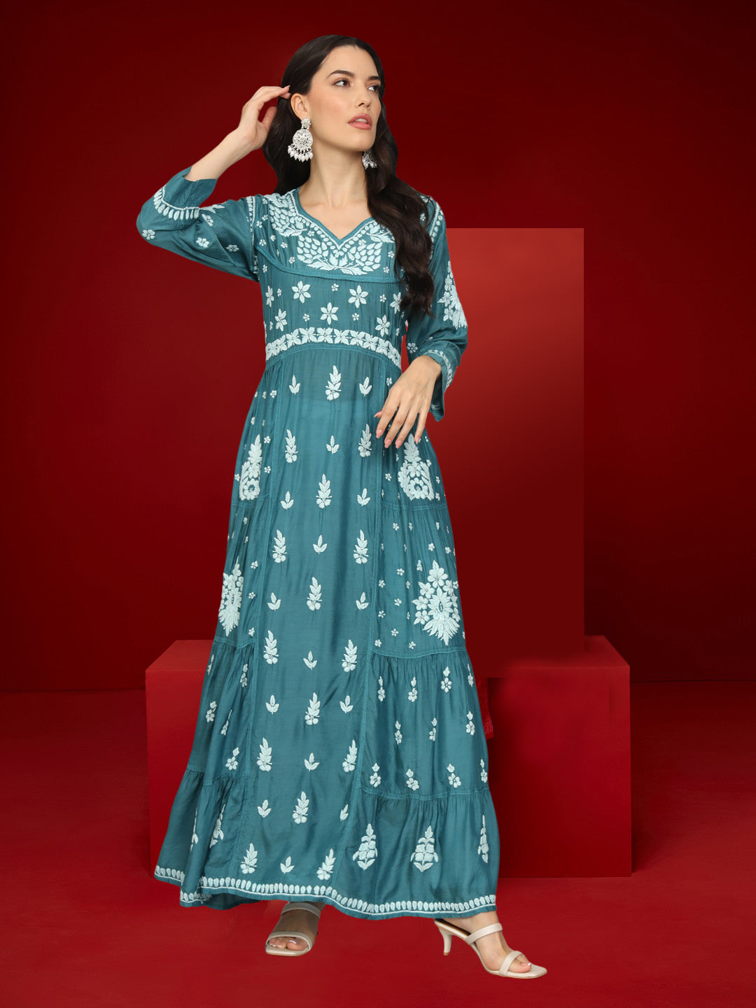 Women Hand Embroidered Chikankari Muslin Jalabiyas-AL4044 Green