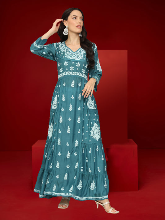 Women Hand Embroidered Chikankari Muslin Jalabiyas-AL4044 Green