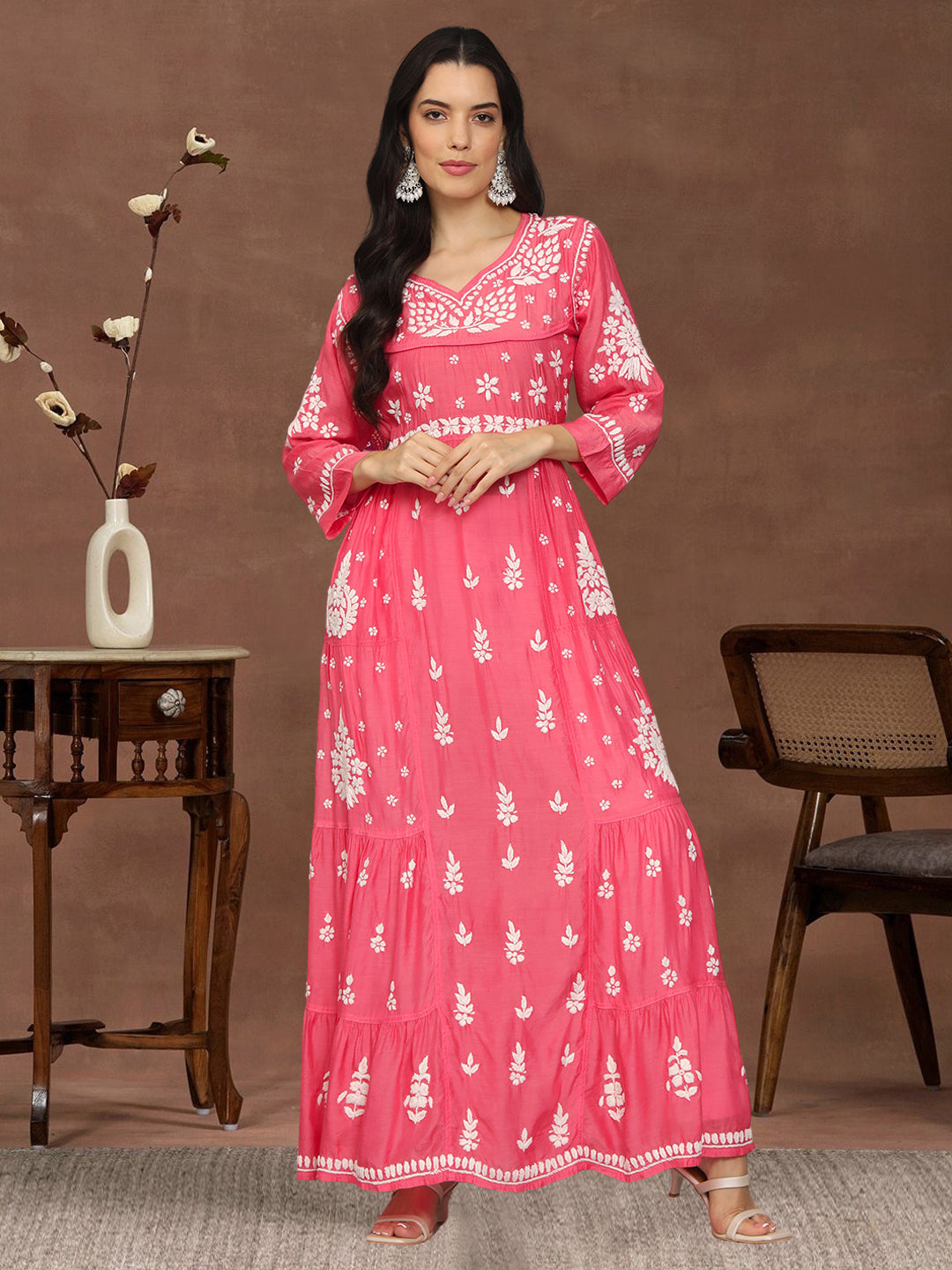 Women Hand Embroidered Chikankari Muslin Jalabiyas-AL4044 Peach