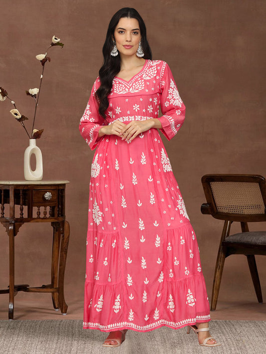 Women Hand Embroidered Chikankari Muslin Jalabiyas-AL4044 Peach