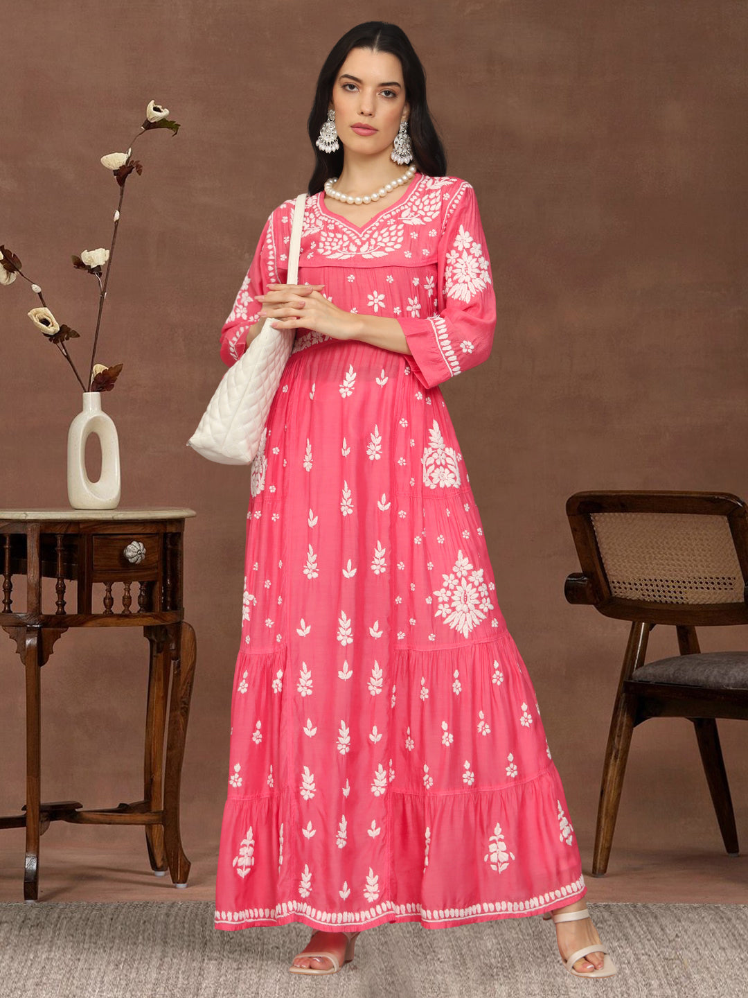 Women Hand Embroidered Chikankari Muslin Jalabiyas-AL4044 Peach