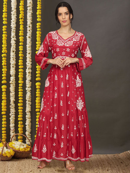 Women Hand Embroidered Chikankari Muslin Jalabiyas-AL4044 Red