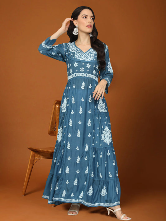 Women Hand Embroidered Chikankari Muslin Jalabiyas-AL4044 Teal