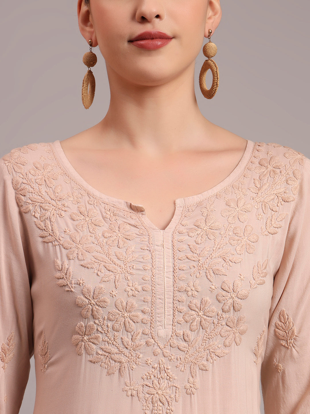 Hand Embroidered Chikankari Modal Ombre Jalabiya-AL4047 Beige