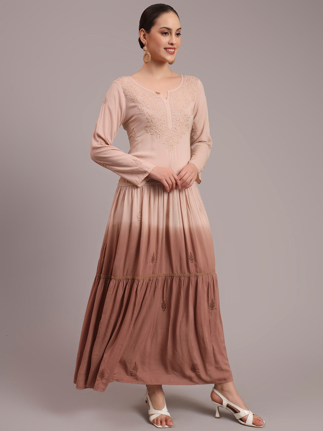 Hand Embroidered Chikankari Modal Ombre Jalabiya-AL4047 Beige