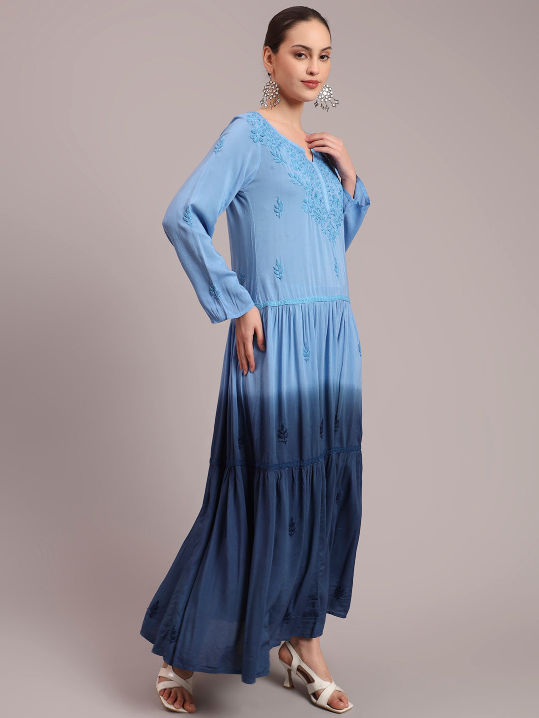 Hand Embroidered Chikankari Modal Ombre Jalabiya-AL4047 Blue
