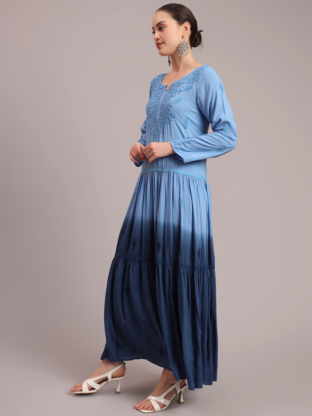 Hand Embroidered Chikankari Modal Ombre Jalabiya-AL4047 Blue