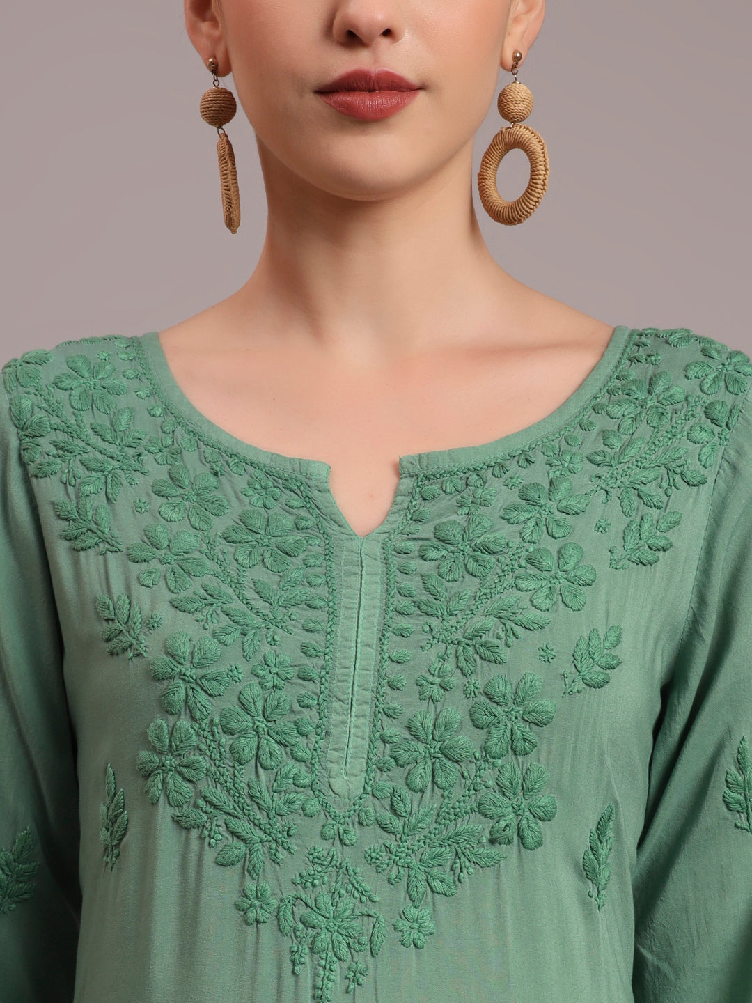 Hand Embroidered Chikankari Modal Ombre Jalabiya-AL4047 Green