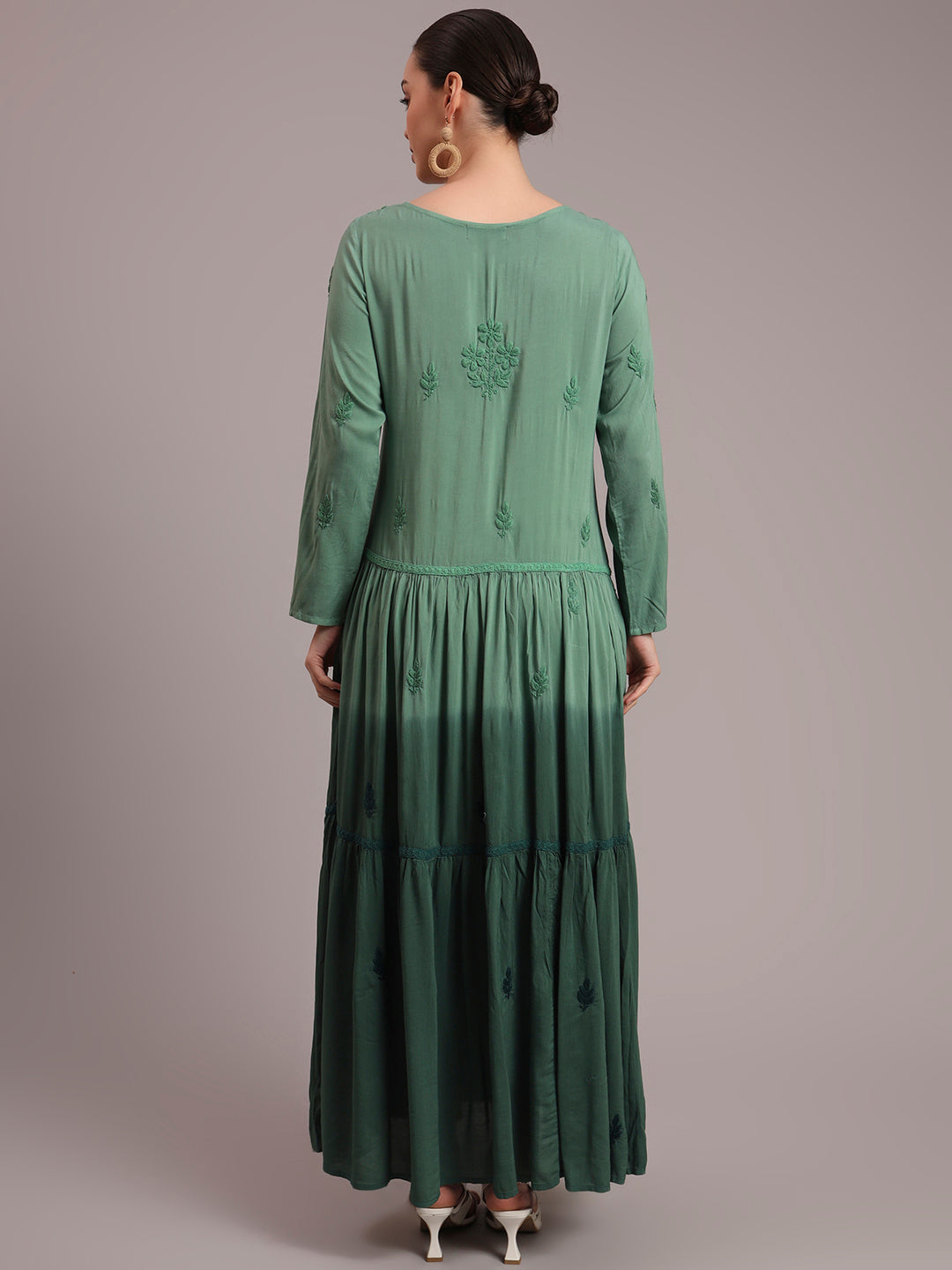 Hand Embroidered Chikankari Modal Ombre Jalabiya-AL4047 Green
