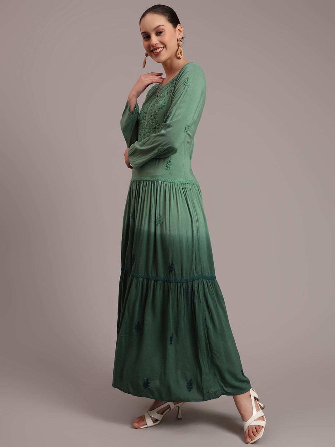 Hand Embroidered Chikankari Modal Ombre Jalabiya-AL4047 Green