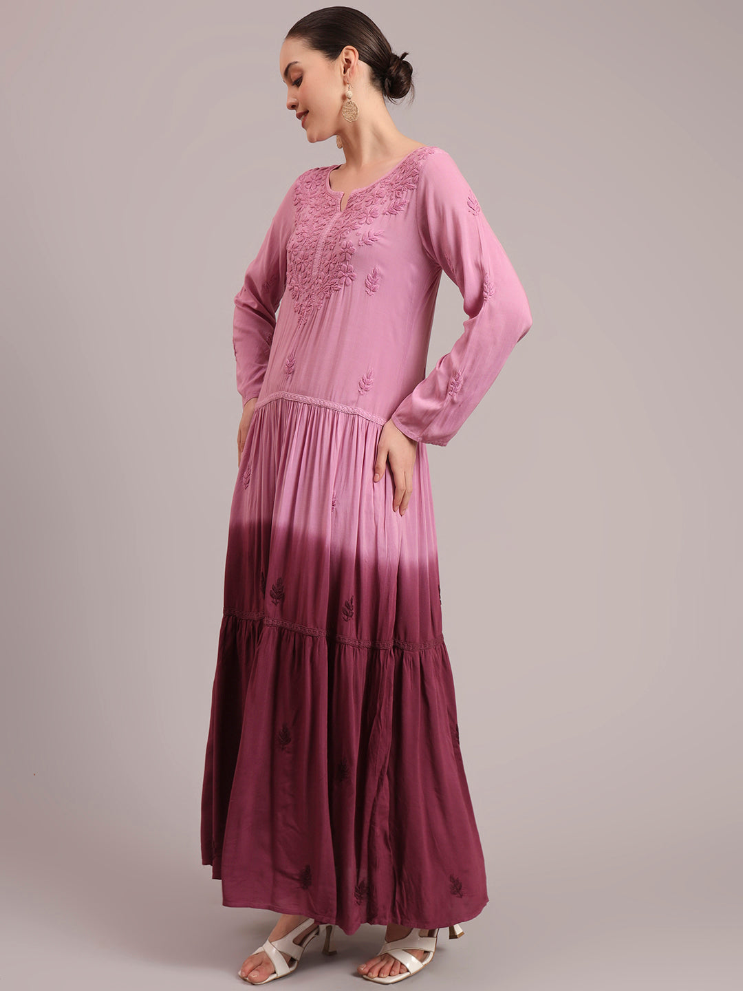 Hand Embroidered Chikankari Modal Ombre Jalabiya-AL4047 Onionpink