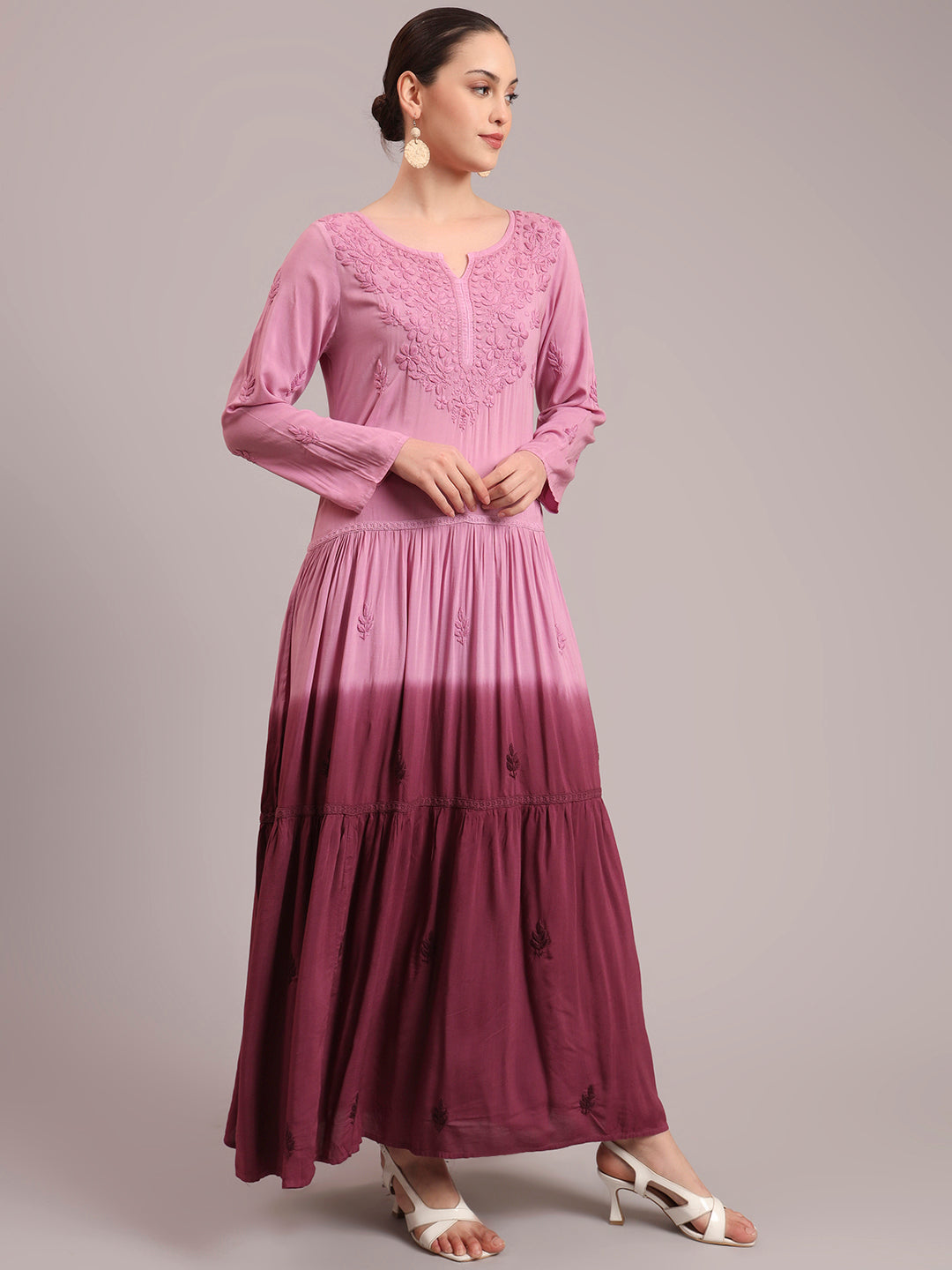 Hand Embroidered Chikankari Modal Ombre Jalabiya-AL4047 Onionpink
