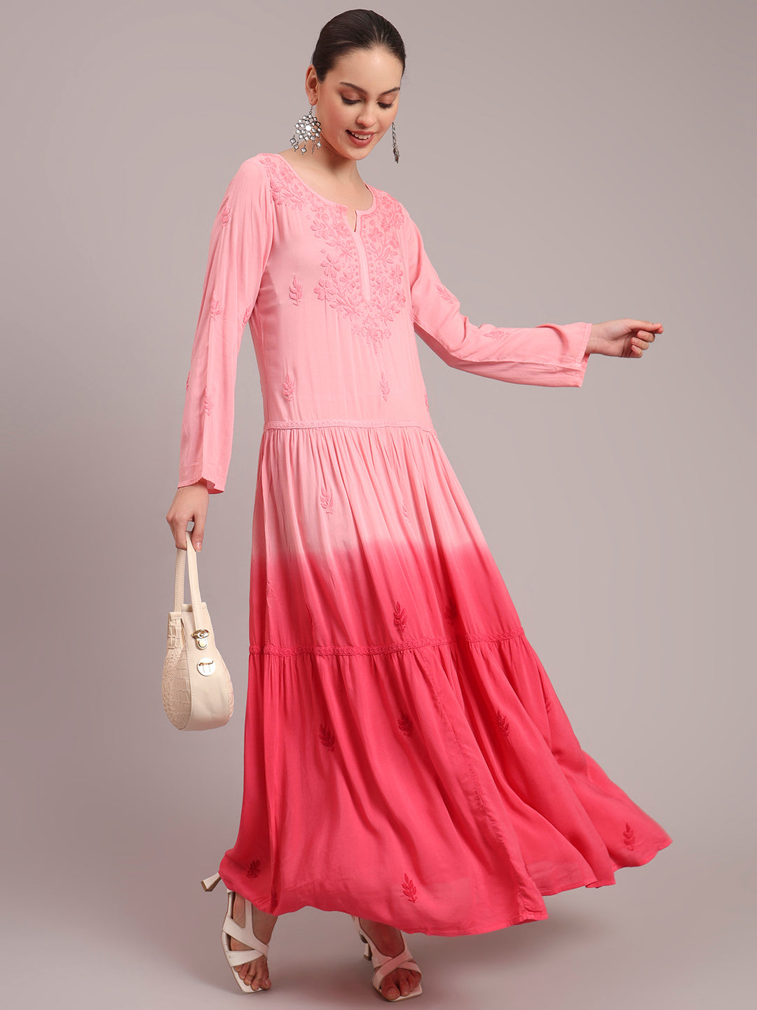 Hand Embroidered Chikankari Modal Ombre Jalabiya-AL4047 Peach