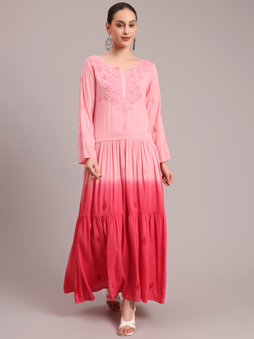 Hand Embroidered Chikankari Modal Ombre Jalabiya-AL4047 Peach