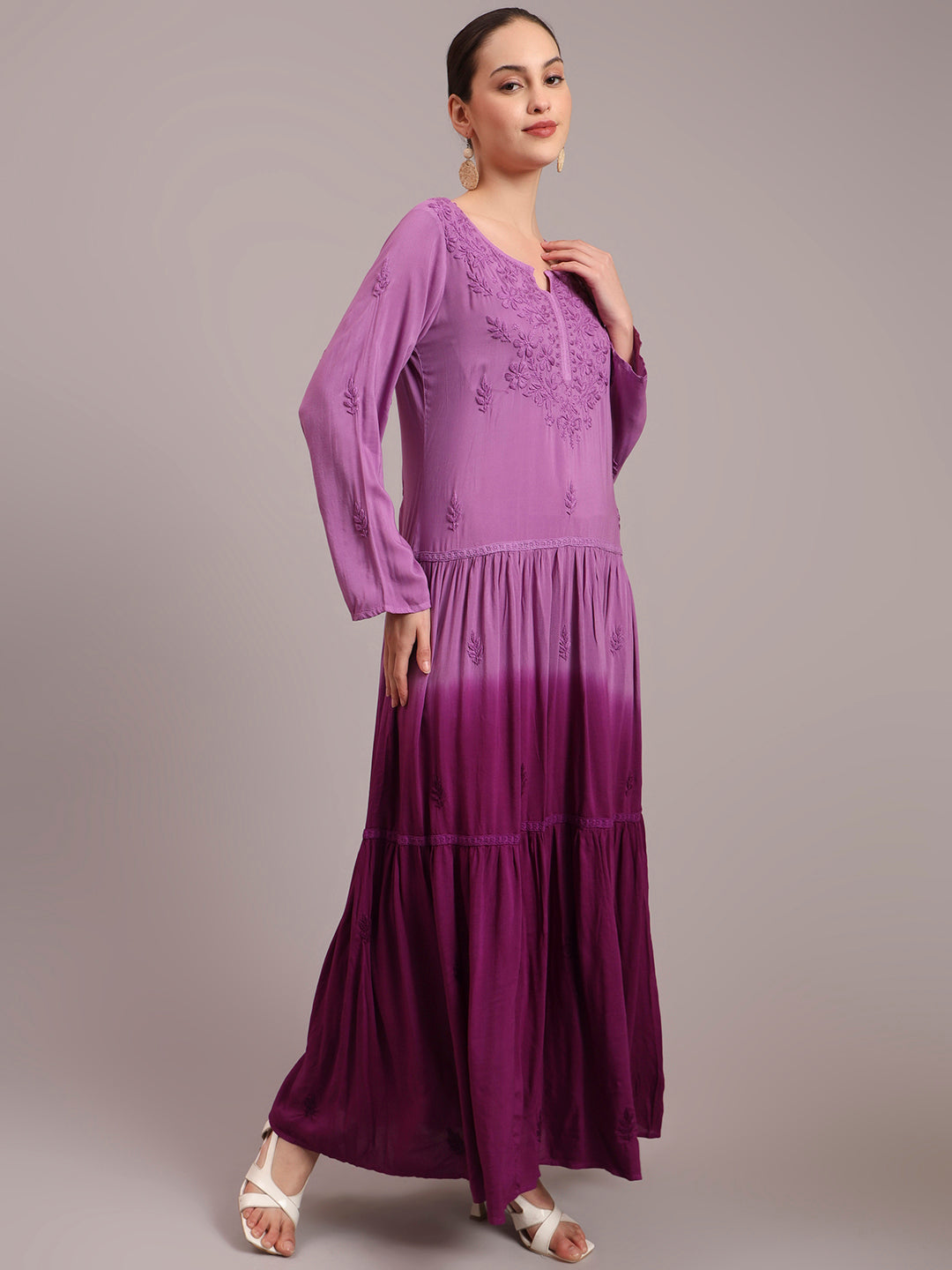 Hand Embroidered Chikankari Modal Ombre Jalabiya-AL4047 Purple