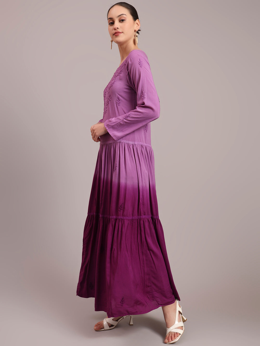 Hand Embroidered Chikankari Modal Ombre Jalabiya-AL4047 Purple