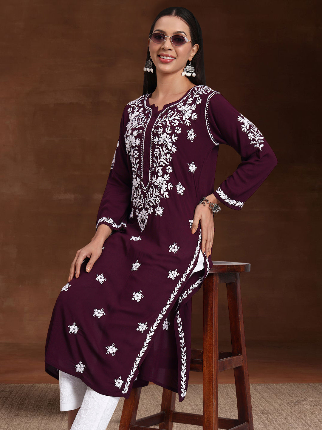 Women Hand Embroidered Modal Chikankari Kurta-AL4059 Wine