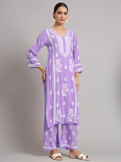 Women Hand Embroidered Lucknowi Chikankari Rayon Kurta Set-AL4078KS Rust