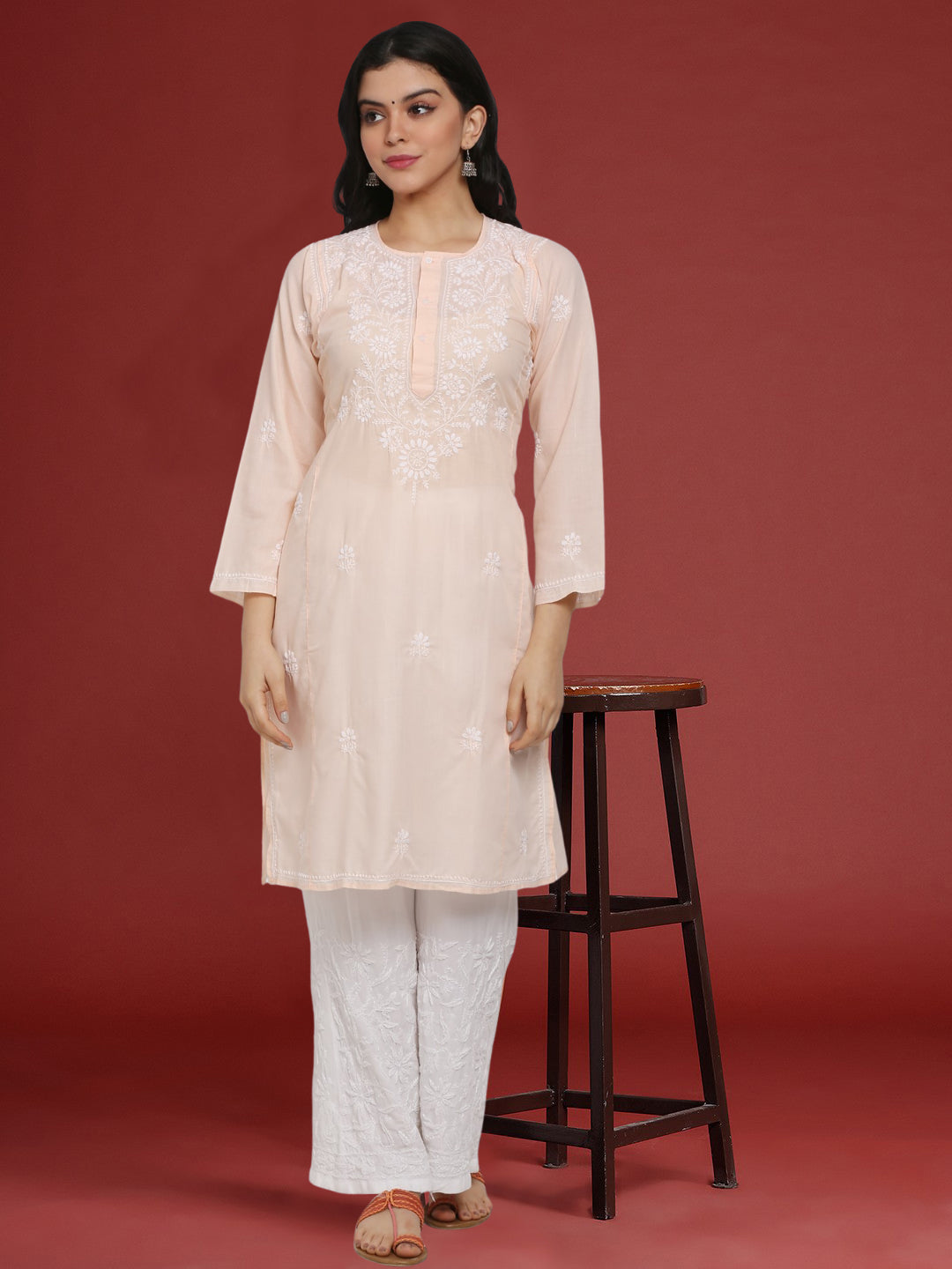 Hand Embroidered Chikankari Cotton Straight Kurta --ALNTV115 Lightpeach