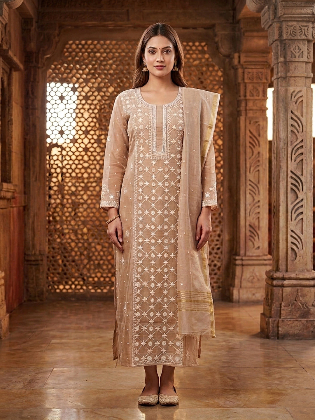 Women Hand Embroidered Premium Chikankari Mul Chanderi Unstitched Kurta Dupatta Bottom Set-ALSCA85201FS Brown