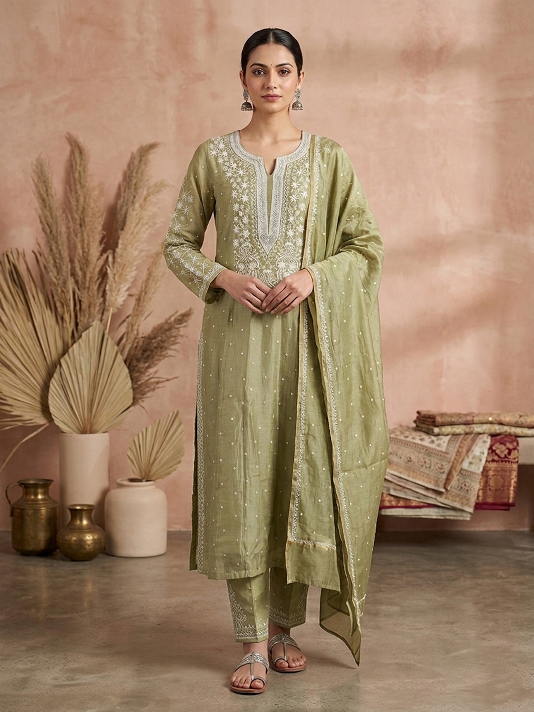 Women Hand Embroidered Premium Chikankari Mul Chanderi Unstitched Kurta Dupatta Bottom Set-ALSCA85201FS Green