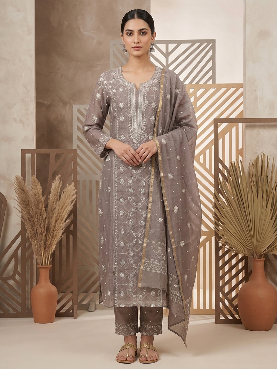 Women Hand Embroidered Premium Chikankari Mul Chanderi Unstitched Kurta Dupatta Bottom Set-ALSCA85201FS Grey
