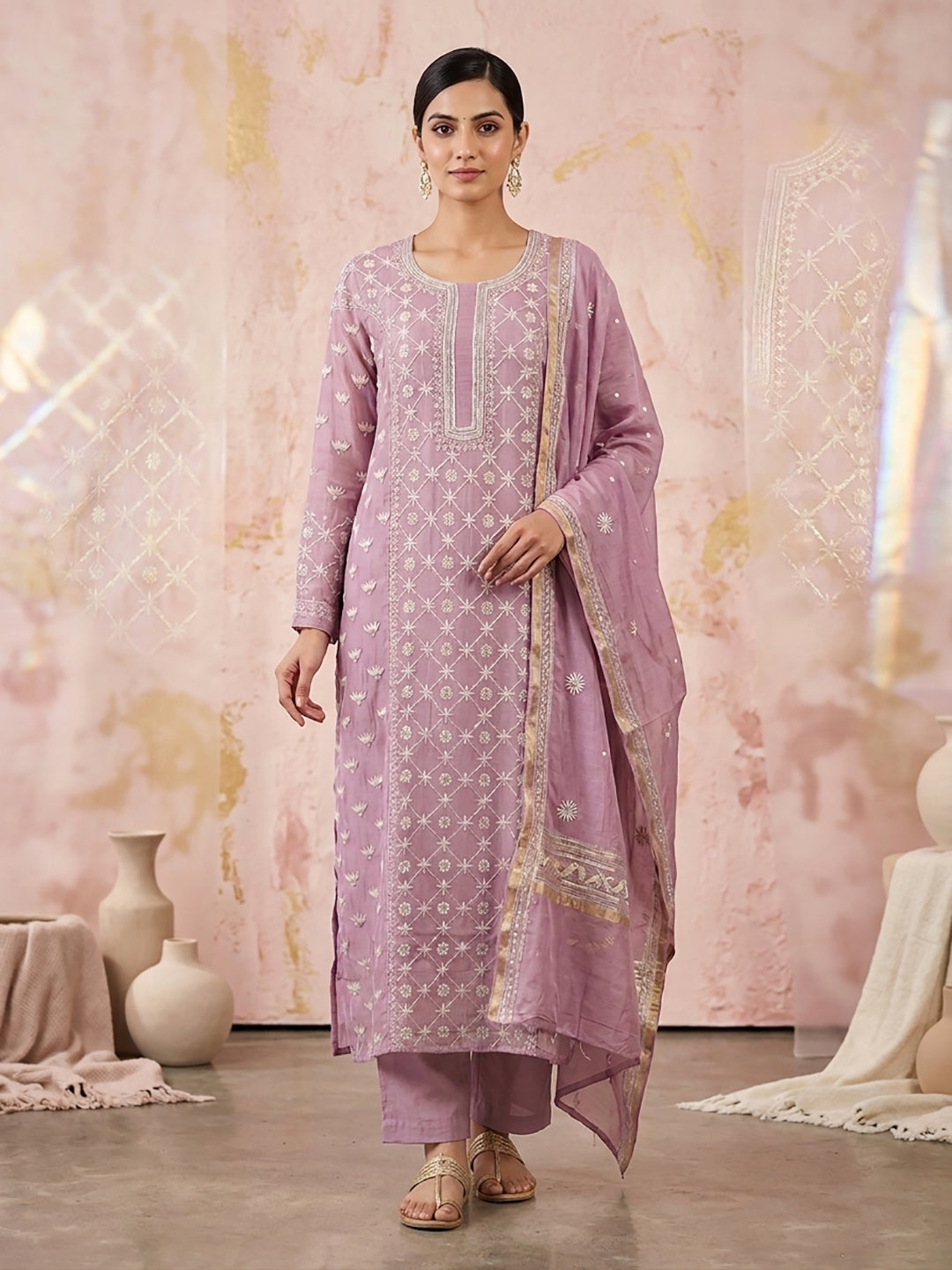 Women Hand Embroidered Premium Chikankari Mul Chanderi Unstitched Kurta Dupatta Bottom Set-ALSCA85201FS Lavender