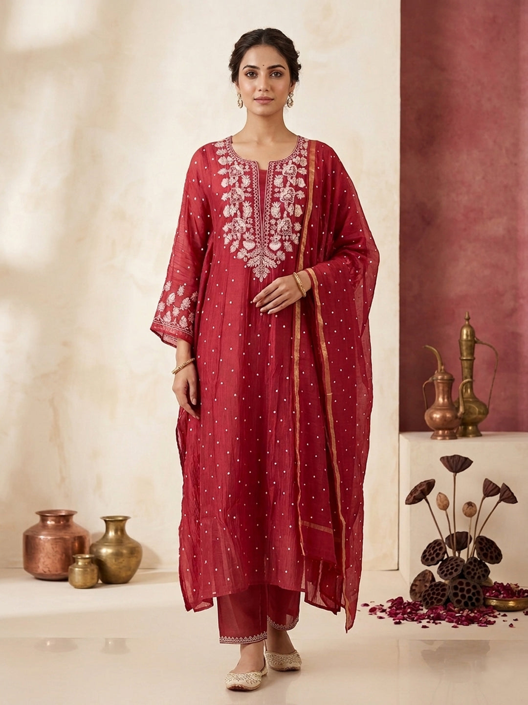 Women Hand Embroidered Premium Chikankari Mul Chanderi Unstitched Kurta Dupatta Bottom Set-ALSCA85201FS Magenta