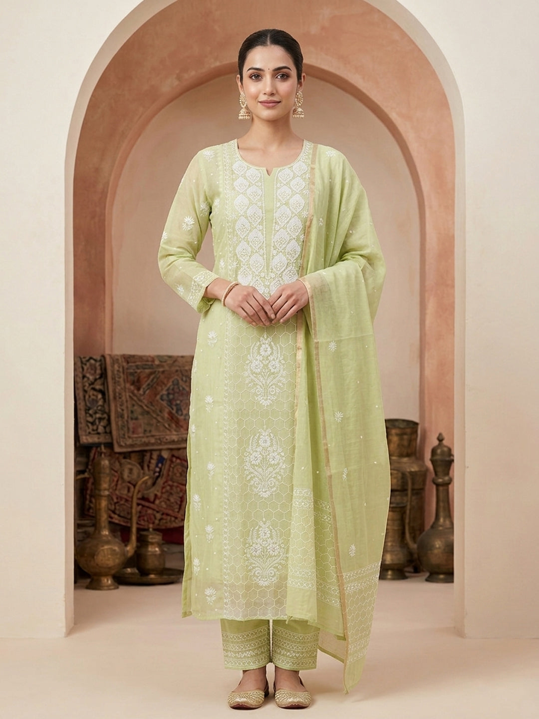 Women Hand Embroidered Premium Chikankari Mul Chanderi Unstitched Kurta Dupatta Bottom Set-ALSCA85201FS Mint