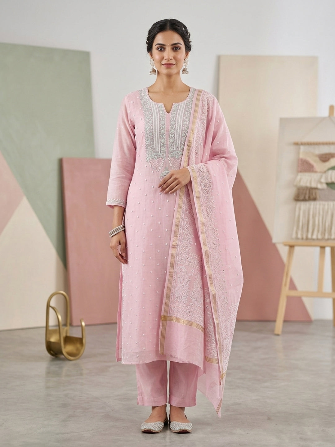 Women Hand Embroidered Premium Chikankari Mul Chanderi Unstitched Kurta Dupatta Bottom Set-ALSCA85201FS Pink