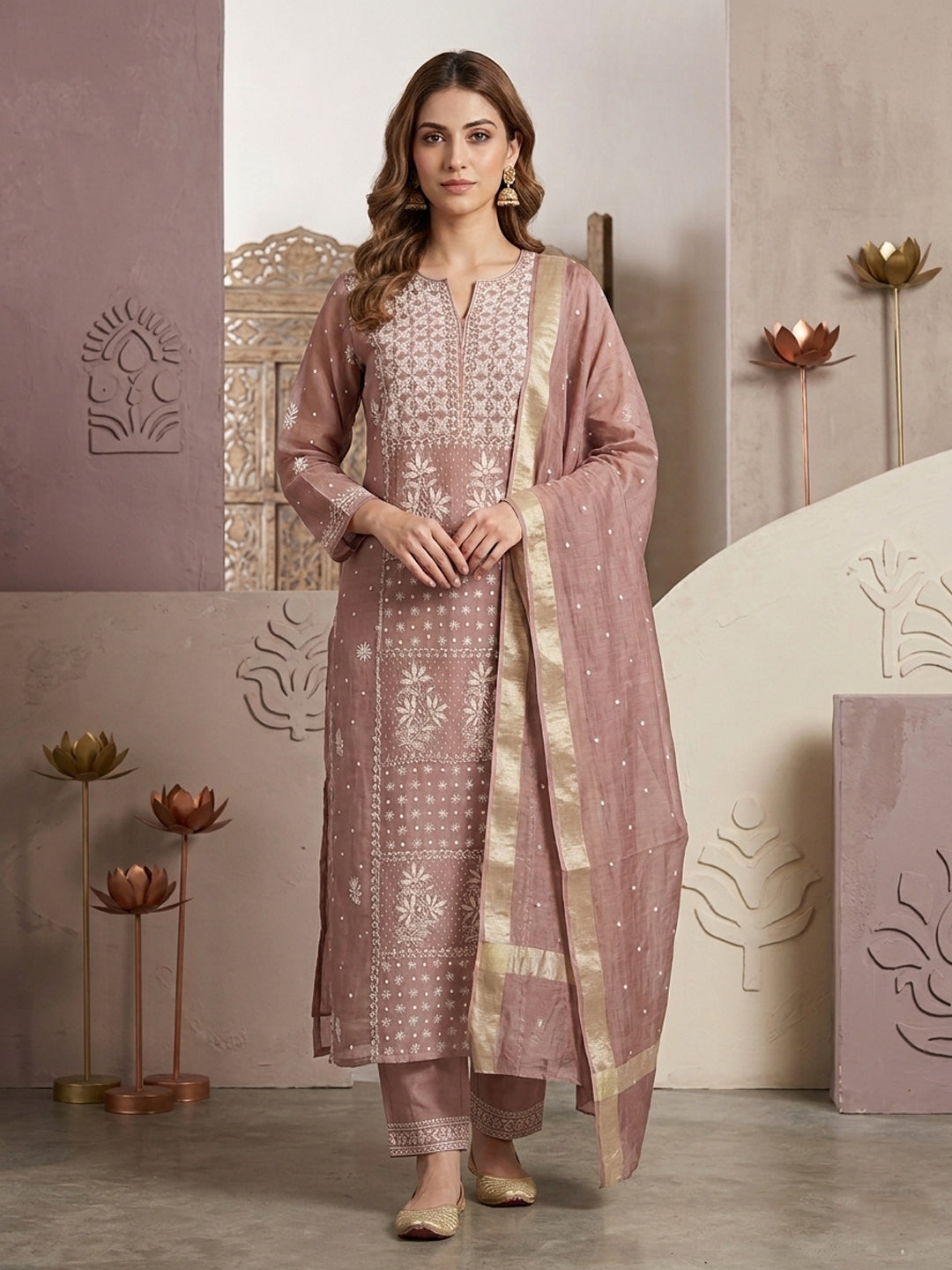 Women Hand Embroidered Premium Chikankari Mul Chanderi Unstitched Kurta Dupatta Bottom Set-ALSCA85201FS Rust
