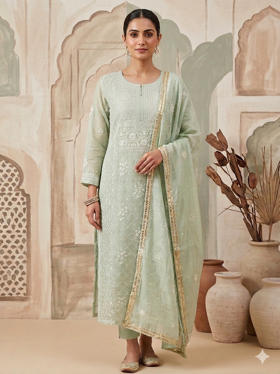 Women Hand Embroidered Premium Chikankari Mul Chanderi Unstitched Kurta Dupatta Bottom Set-ALSCA85201FS Sea Green