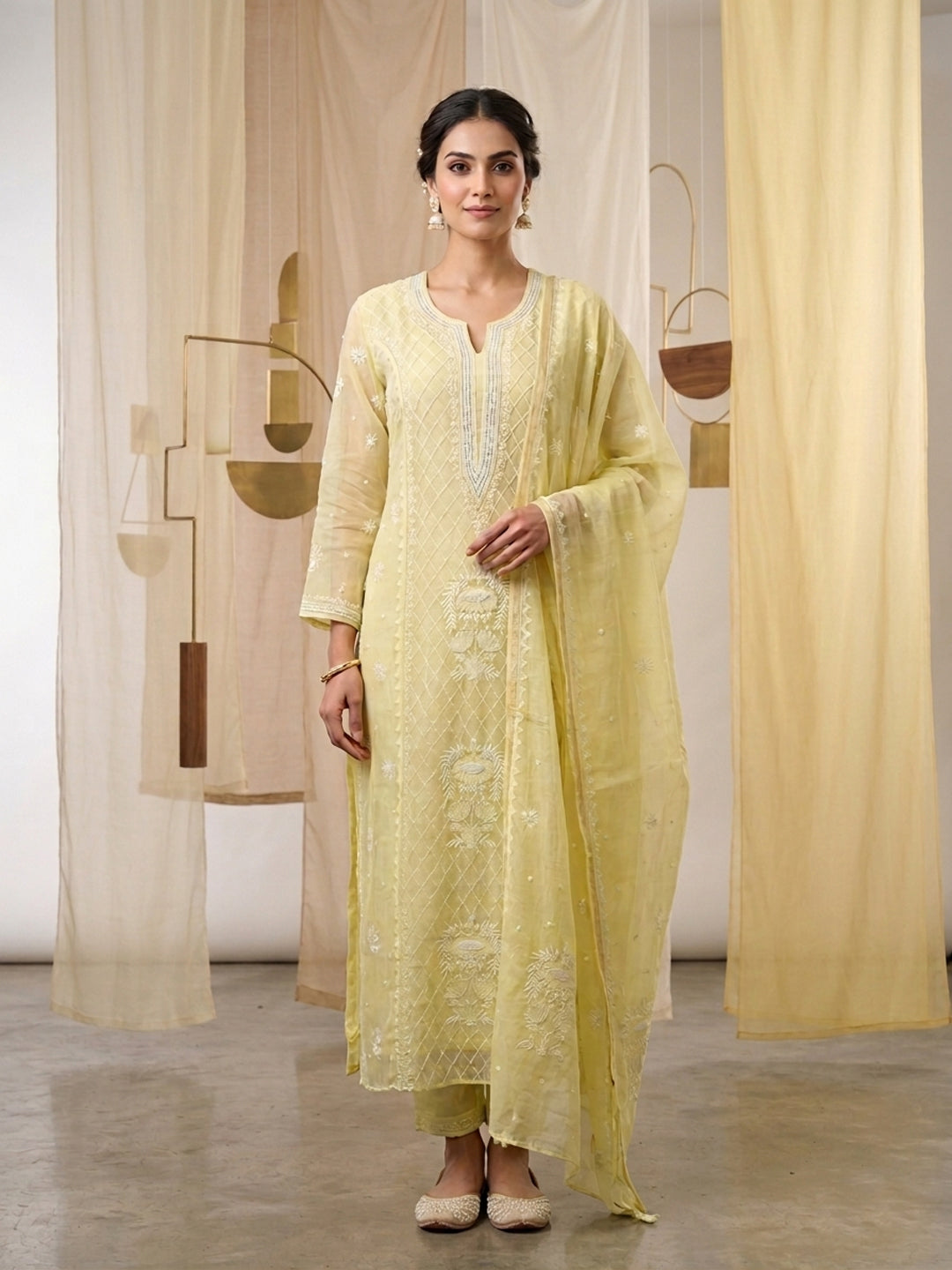 Women Hand Embroidered Premium Chikankari Mul Chanderi Unstitched Kurta Dupatta Bottom Set-ALSCA85201FS Yellow