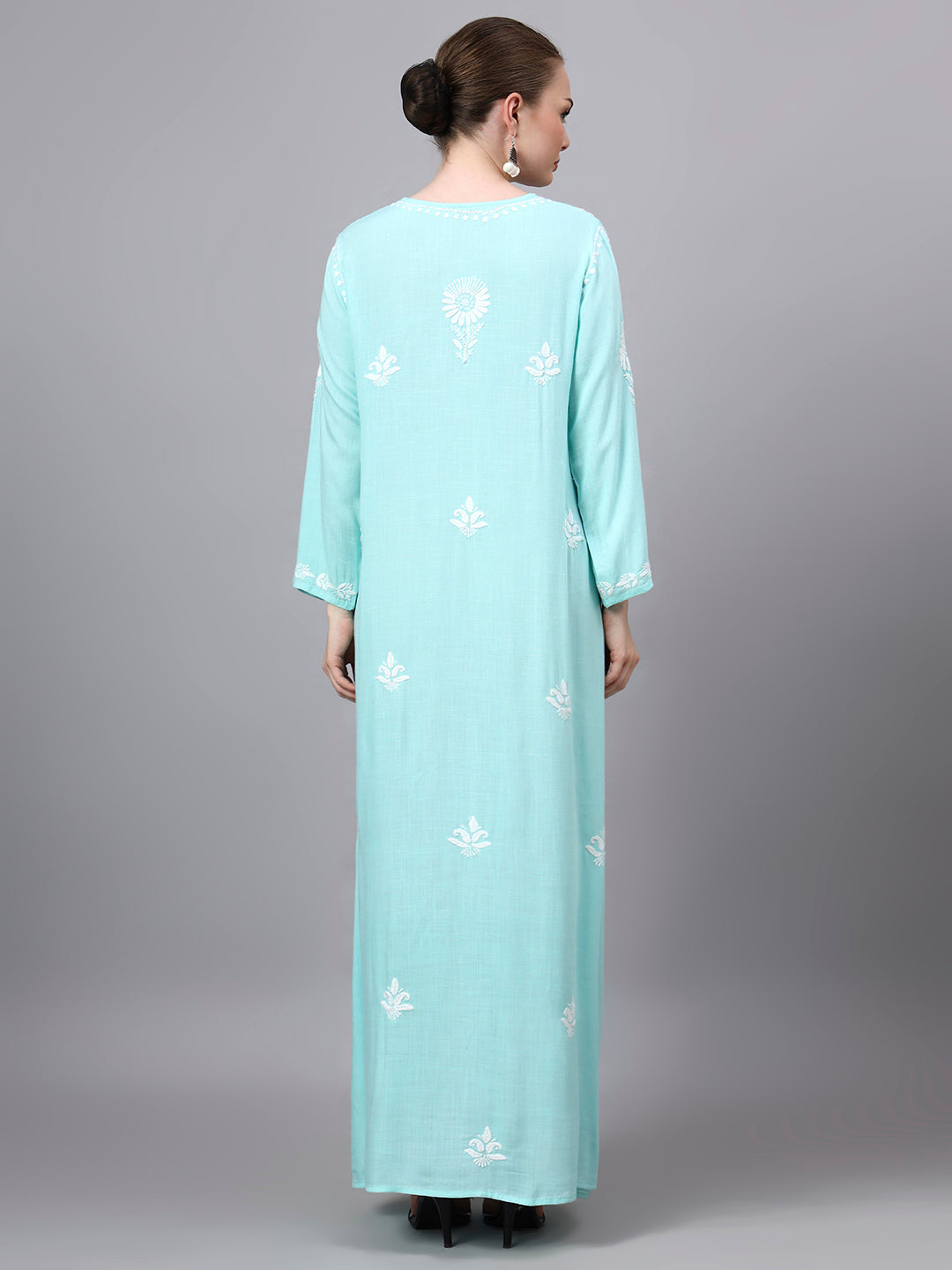 Hand Embroidered Chikankari Rayon Jalabiya-AL4121 Seagreen