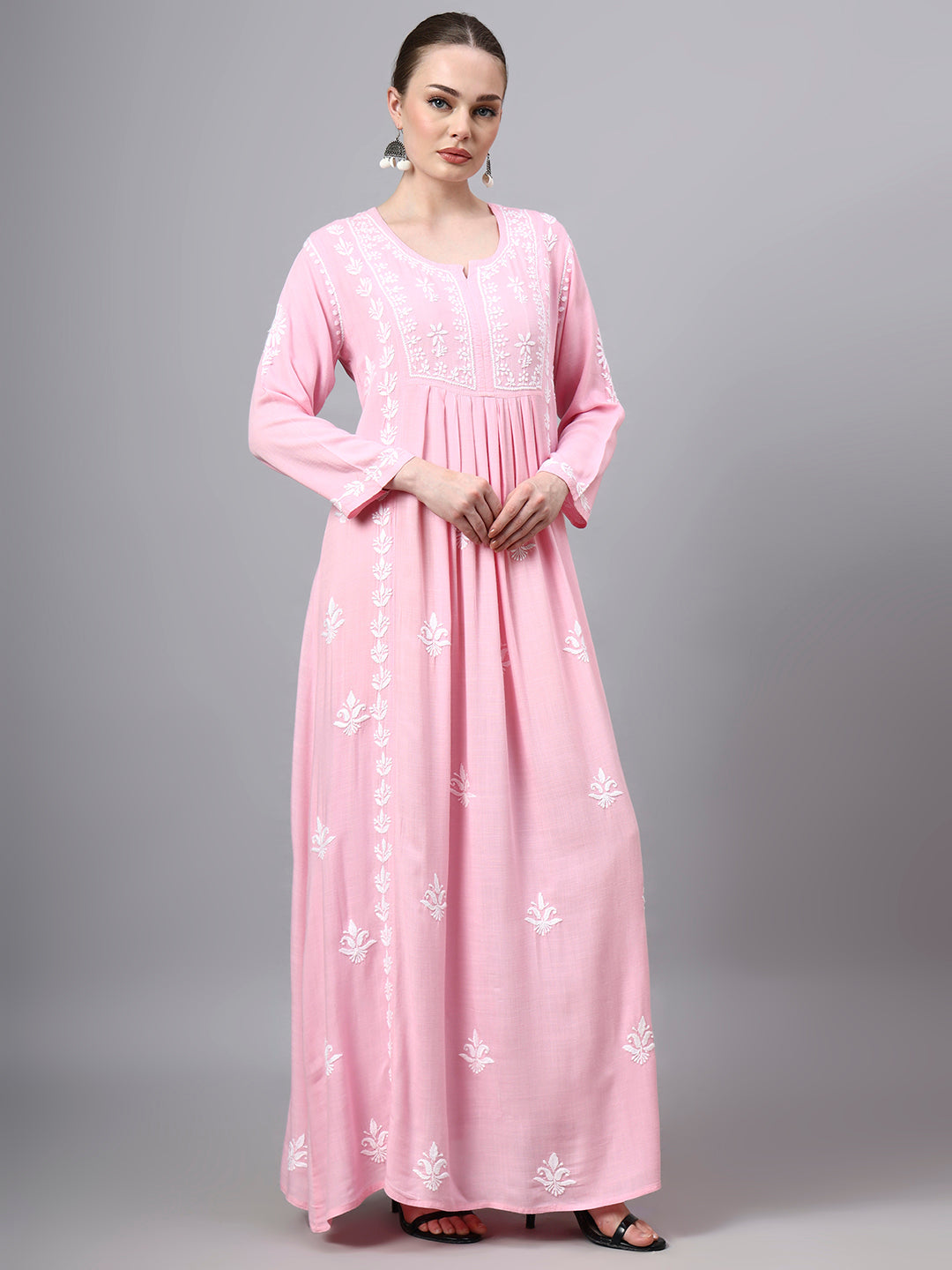 Hand Embroidered Chikankari Rayon Jalabiya-AL4121 Babypink