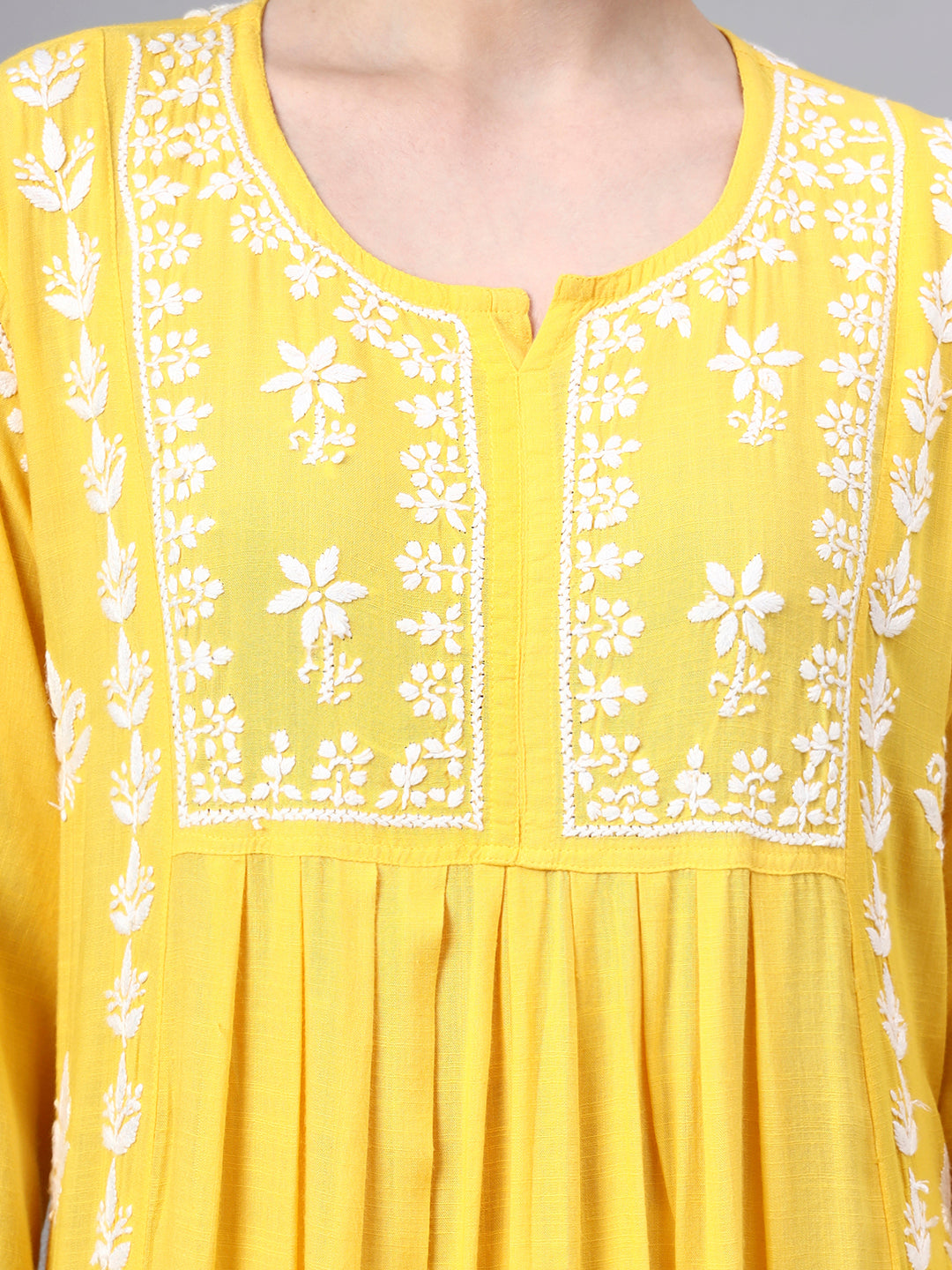 Hand Embroidered Chikankari Rayon Jalabiya-AL4121 Yellow