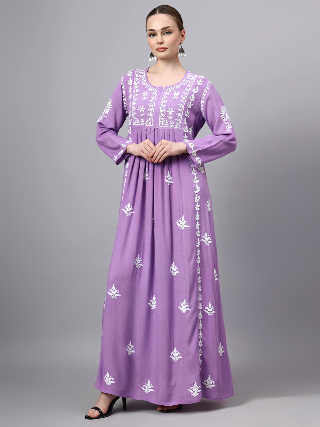 Hand Embroidered Chikankari Rayon Jalabiya-AL4121 Mauve