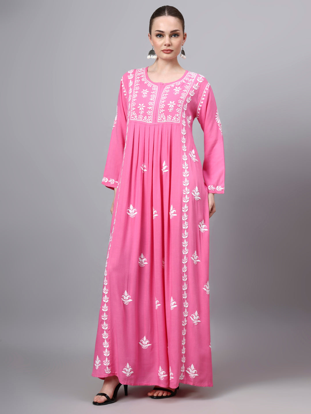 Hand Embroidered Chikankari Rayon Jalabiya-AL4121 Darkpink