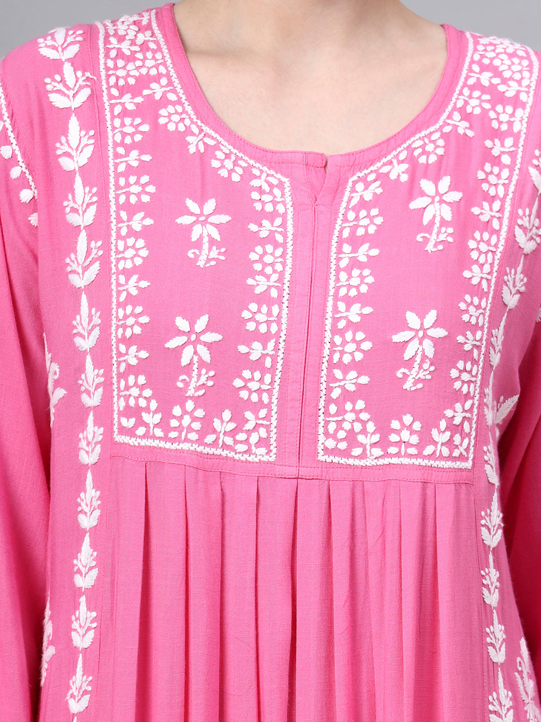Hand Embroidered Chikankari Rayon Jalabiya-AL4121 Darkpink