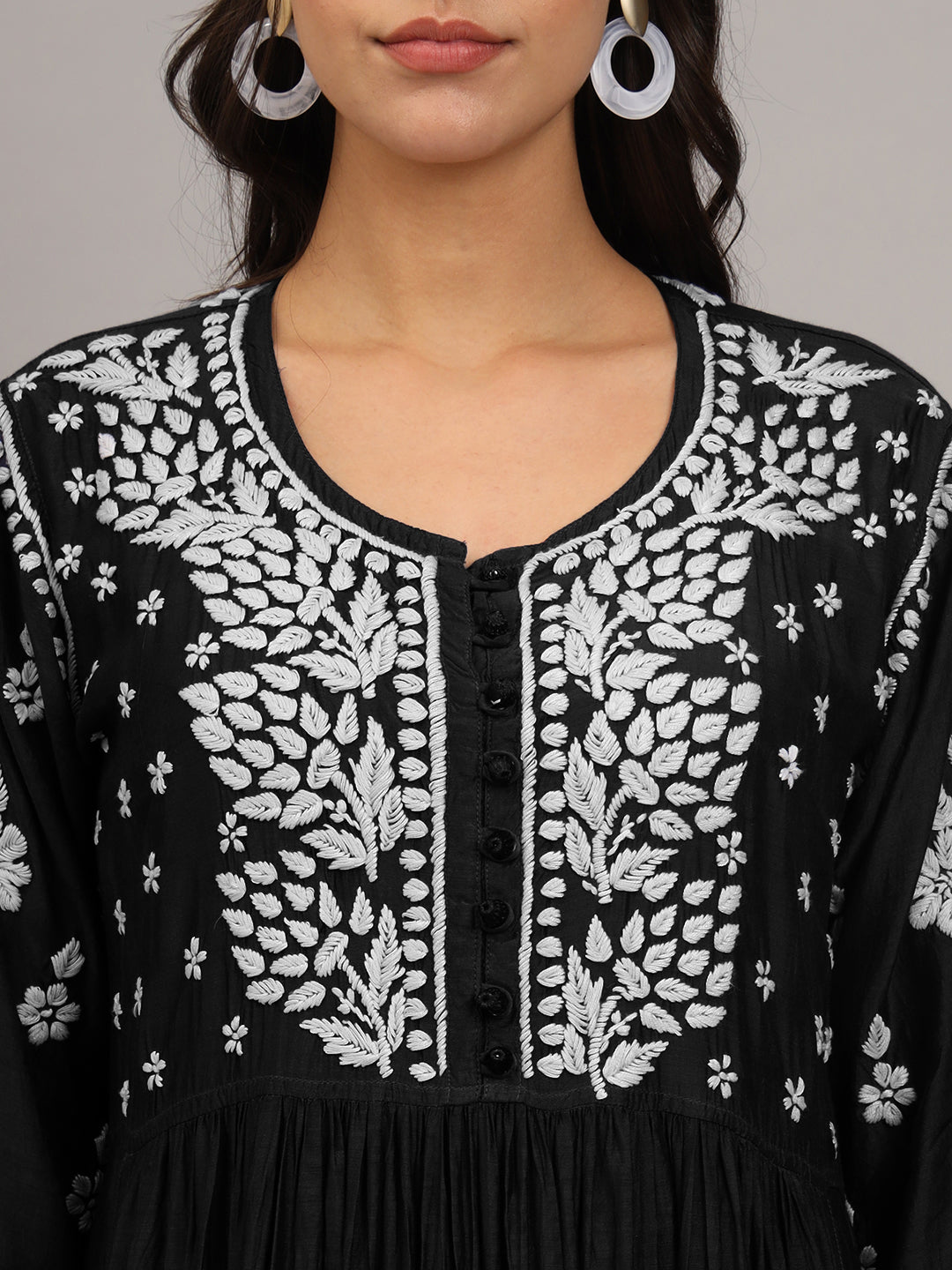 Hand Embroidered Chikankari Muslin Jalabiya-AL4017 Black