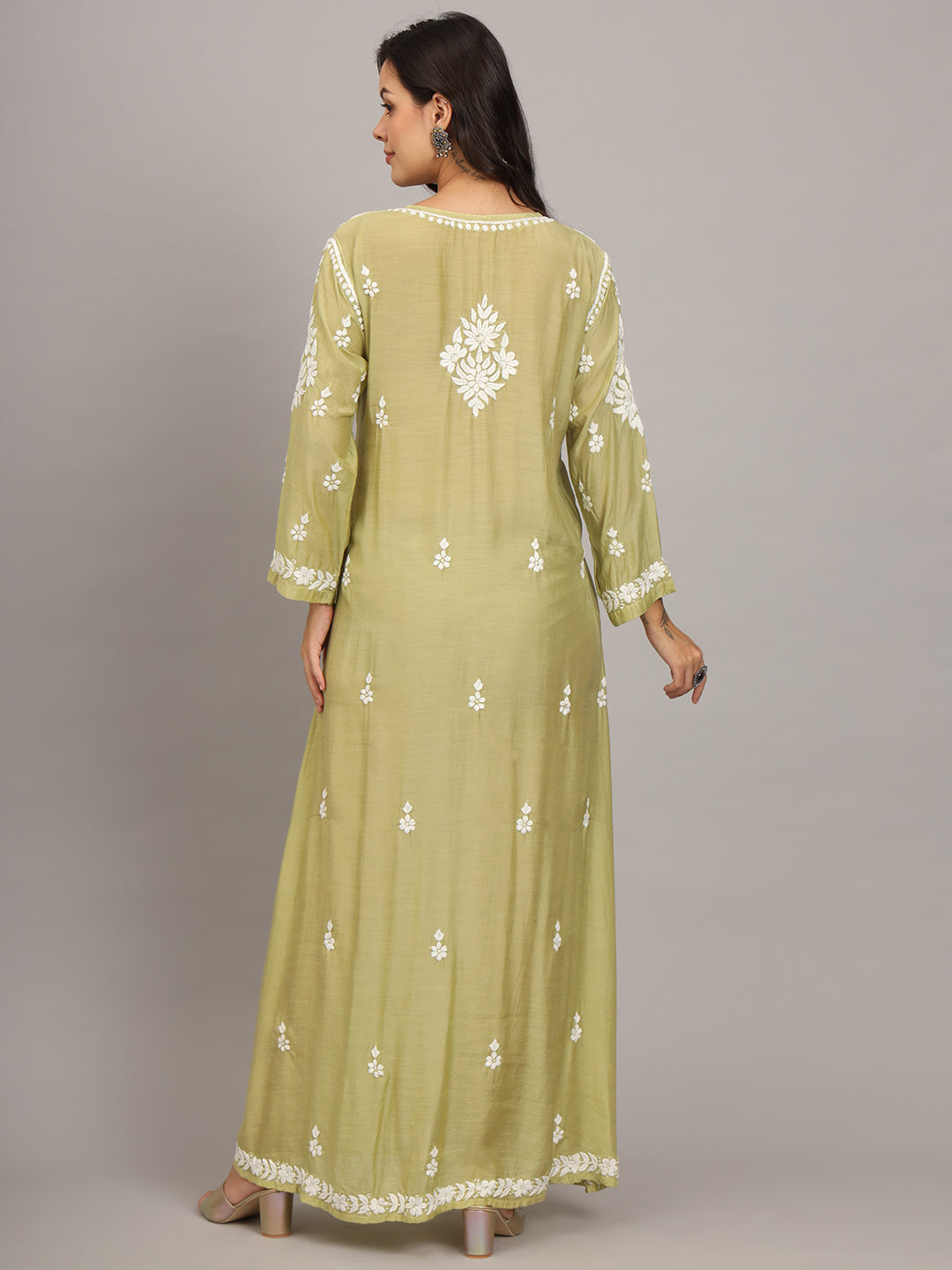 Hand Embroidered Chikankari Muslin Jalabiya-AL4017 Green