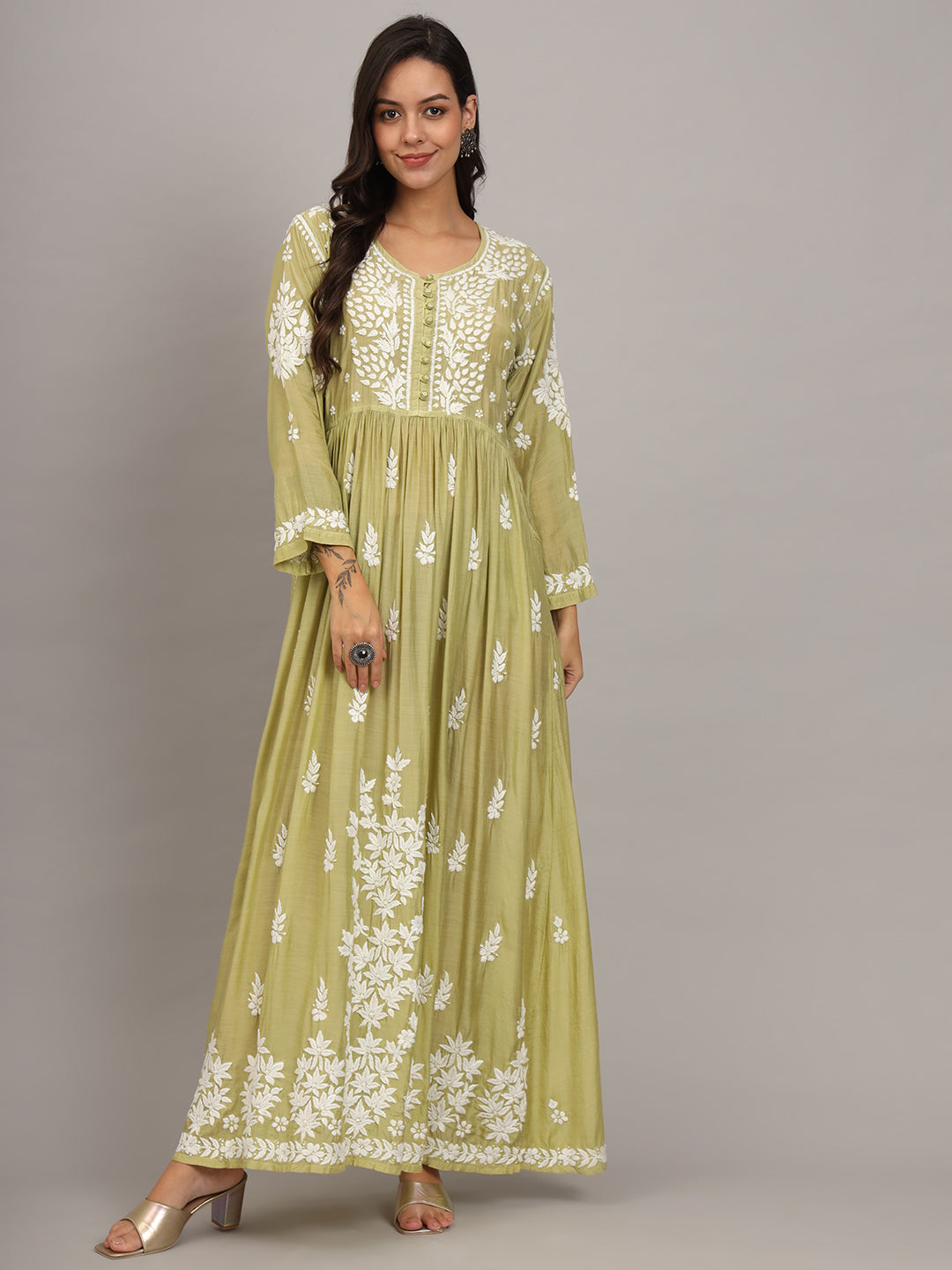Hand Embroidered Chikankari Muslin Jalabiya-AL4017