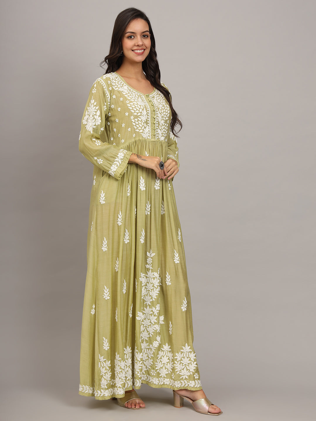 Hand Embroidered Chikankari Muslin Jalabiya-AL4017 Green