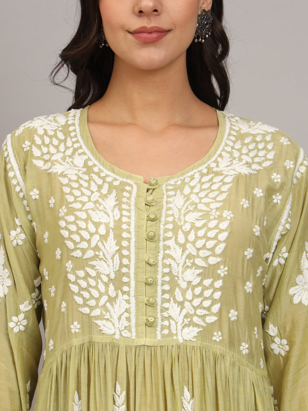 Hand Embroidered Chikankari Muslin Jalabiya-AL4017 Green