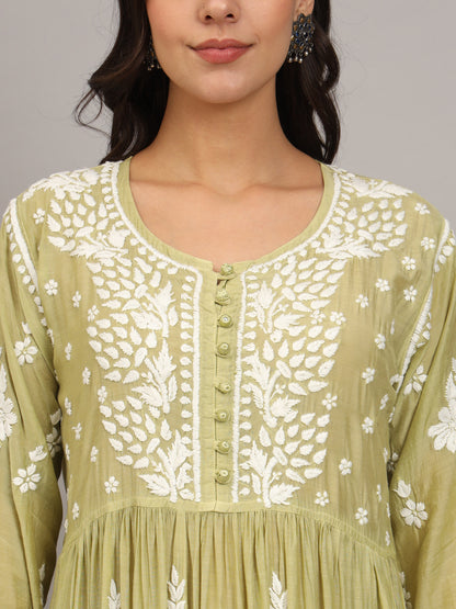 Hand Embroidered Chikankari Muslin Jalabiya-AL4017