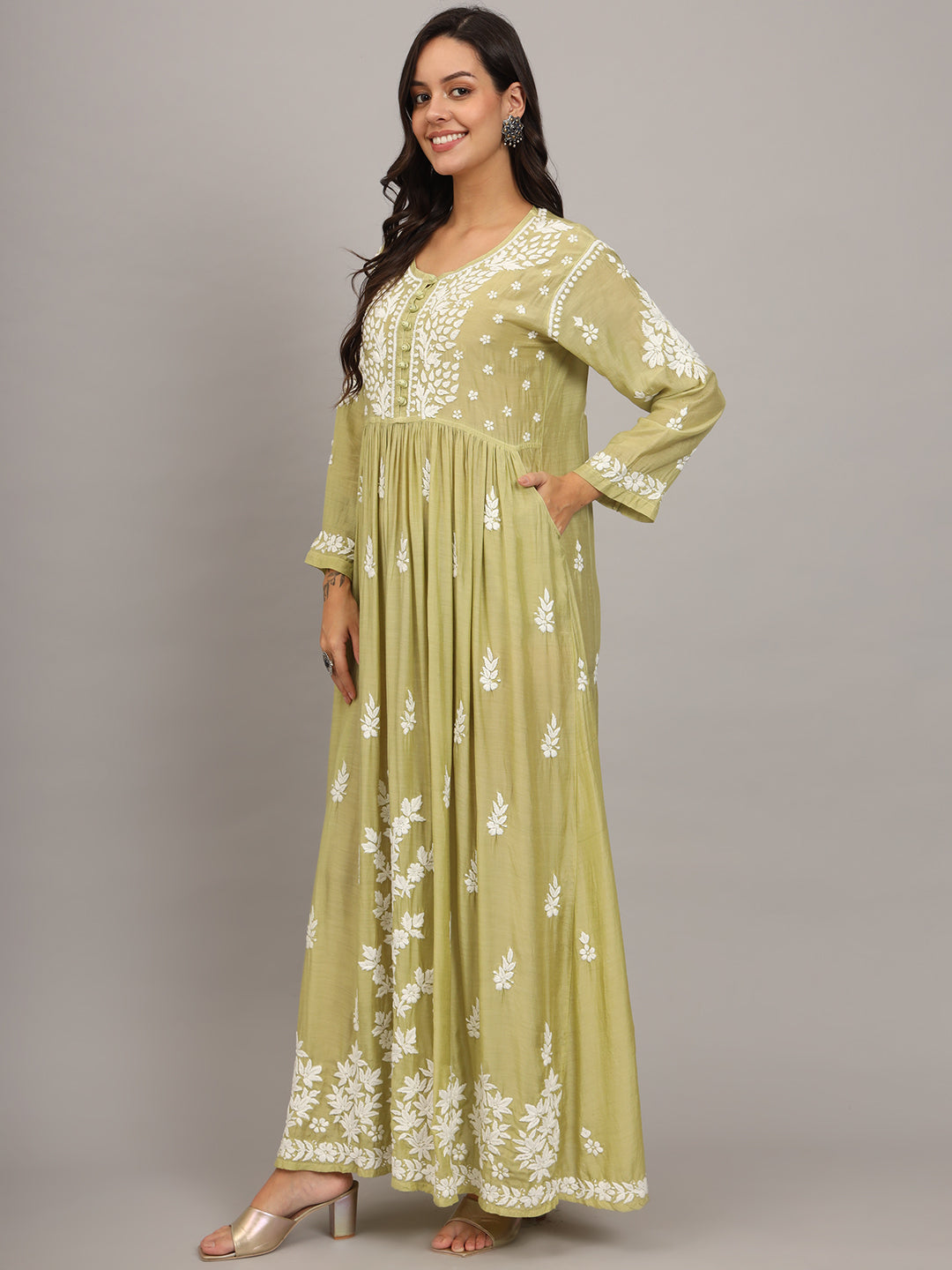 Hand Embroidered Chikankari Muslin Jalabiya-AL4017 Green