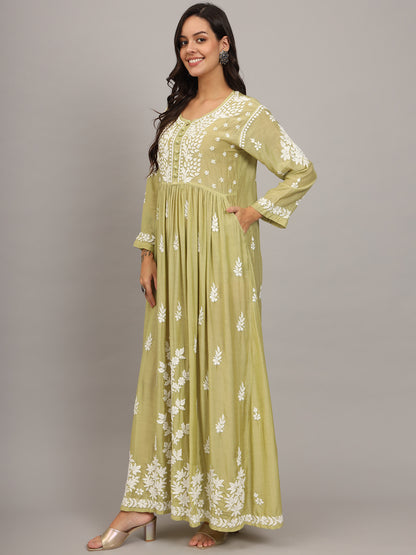 Hand Embroidered Chikankari Muslin Jalabiya-AL4017