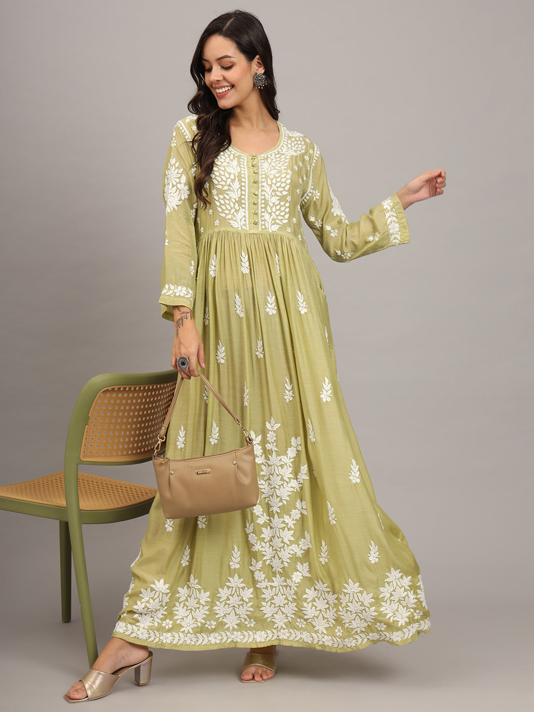 Hand Embroidered Chikankari Muslin Jalabiya-AL4017 Green