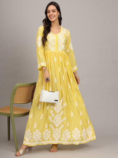Hand Embroidered Chikankari Muslin Jalabiya-AL4017