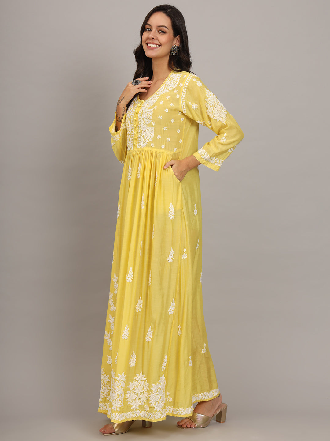 Hand Embroidered Chikankari Muslin Jalabiya-AL4017 Yellow